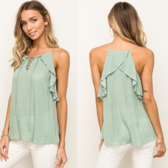 03 Boho Polka Dot Lace up Ruffle Top - Picture 2 of 2